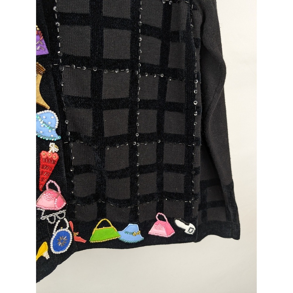 Vintage 90s Shopping Lover Shoe Purse Cardigan Size M Black Beaded Novelty Retro - Picture 3 of 8
